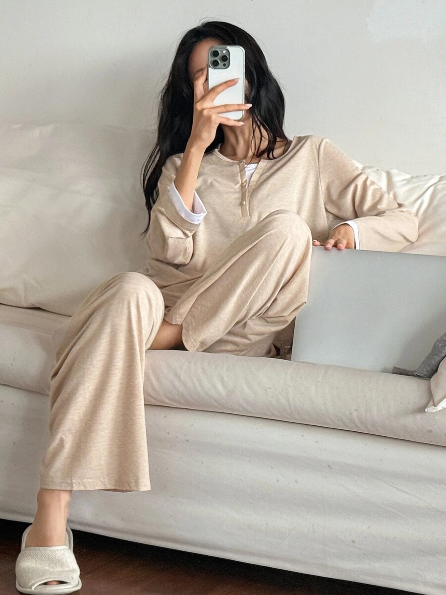 DAZY Women's 2 Pieces Faux Layered Long Sleeve Top And Pants Casual Daily Loungewear Set - Apricot - View 1