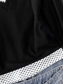 SHEIN 青少年女孩長袖 Polo 領休閒街頭風大學風上衣，黑白對比色，春夏秋冬新款返校穿搭 T-shirt - 黑與白 - 查看 4