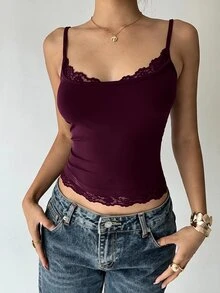 Aloruh 女款純色對比蕾絲修身時尚細肩帶背心 - 紫色 - 查看 4