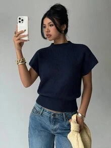 Aloruh 女款素色休閒日常針織上衣 - 藏蓝色 - 查看 6