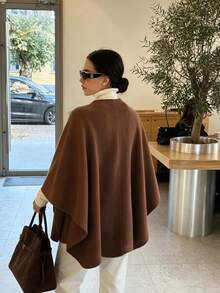 Selenza Autumn/Winter Oatmeal Color Minimalist Collarless Pocketed Cape-Style Double-Faced Overcoat, Loose Oversized Shawl Batwing Sleeve Cut, Single-Breasted Decorative Buttons, Casual Relaxed Silhouette, Flattering Slimming Versatile Commuter High-End Mid-Length Overcoat - Mocha Brown - View 2
