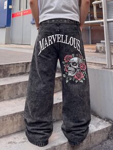 Manfinity EMRG 男士深灰色酸洗寬腿牛仔褲，復古龐克骷髏玫瑰圖案字母印花，寬鬆丹寧長褲，街頭風 - 黑色 - 查看 5