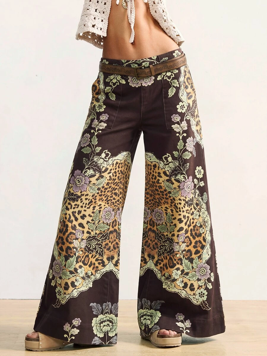 Bohemela Women's High Waist Baggy Wide Leg Floral Leopard Print Patchwork Denim Jeans With Belt Vacation Fall Boho - Multicolor - View 1