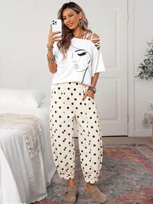 SHEIN CURVE+ Plus Size Women's Polka Dot Casual Versatile Everyday Jeans - Black and White - View 3