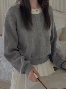DAZY 女款拼接 2 合 1 寬鬆圓領長袖鈕扣裝飾休閒度假針織套頭毛衣，秋冬款 - 灰色 - 查看 5