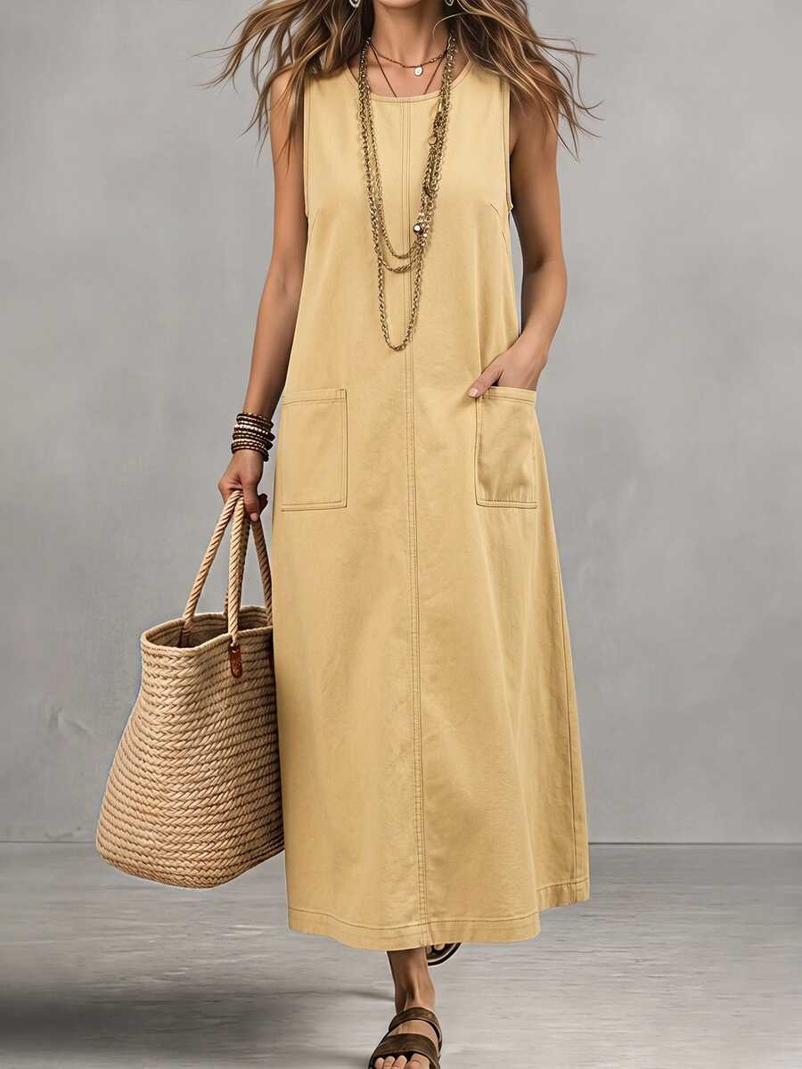 Balvessa Women's Casual Pocket Sleeveless Denim Dress For Vacation - Khaki - View 1