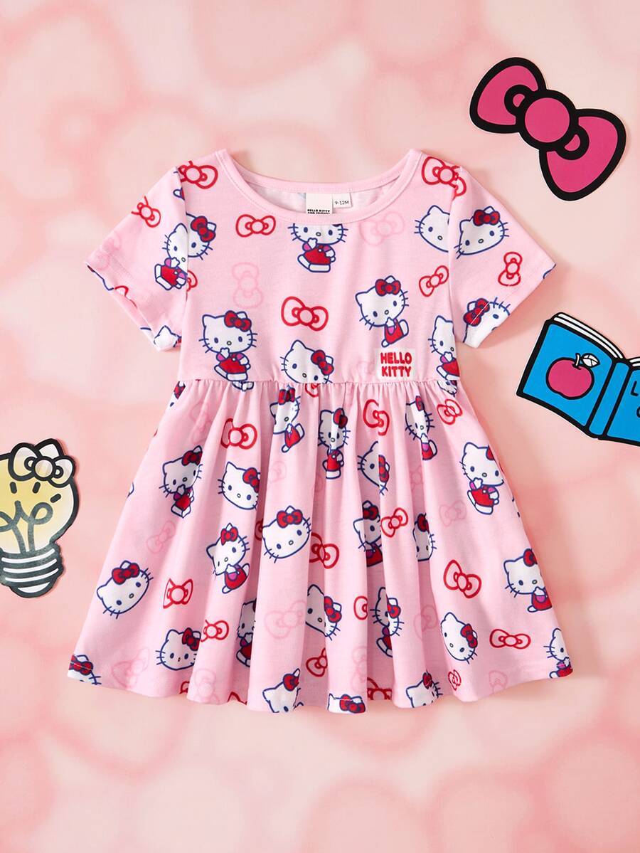 HELLO KITTY AND FRIENDS | SHEIN فستان صيفي كاجوال يومي مطبوع برسومات كرتونية ومكسر للبنات الصغيرات - وردي - مشاهدة 1