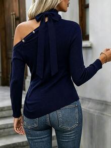SHEIN Women's Chic Asymmetric Halter Sweater Long Sleeve Buttoned Sleeve Side Split Bodycon Fall Daily Casual Knitwear - Blue - View 2