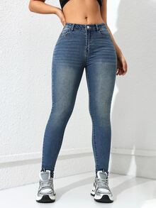 SHEIN Jeanoir Fall Casual High Waist Skinny Blue Denim Going Out Daily Wear Washed Plus Size Jeans For Women - Medium Wash - View 5
