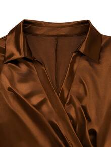 SHEIN LUNE Fall Clothes FOR WomenWomen's Metal Buckle Satin & Lace Patchwork Blouse - Brown - View 4