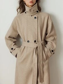 Dazy-Less Women's Solid Color Dropped Shoulder Long Sleeve Single-Breasted Casual Overcoat Fall - Apricot - View 5
