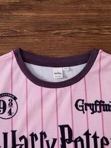 HARRY POTTER X SHEIN Tween Girl Summer Casual Striped Cartoon Print T-Shirt - Pink - View 3