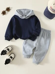 SHEIN 中性嬰兒男/女嬰，男嬰 2 件組秋冬抓絨加厚休閒可愛連帽衛衣套裝，嬰兒冬季套裝，運動服，慢跑褲 - 藏蓝色 - 查看 2