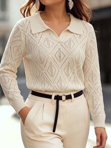 Linhara CURVE 女款大尺碼V領長袖鏤空菱格針織套頭毛衣，秋冬款 - 杏色 - 查看 4