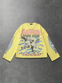 ROMWE MEN Angel Print Loose Fit Plus Size Men's Crew Neck Long Sleeve T-Shirt - Yellow - View 1