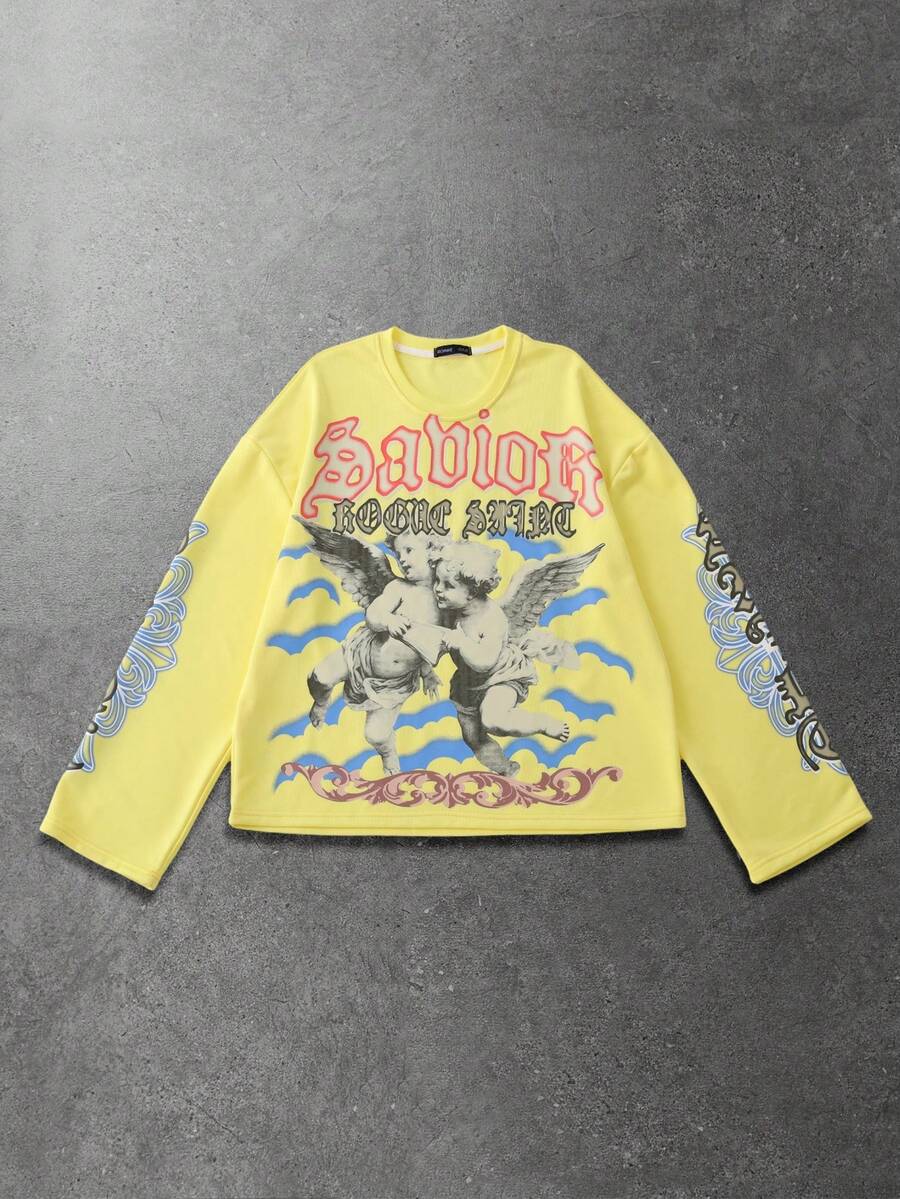 ROMWE MEN Angel Print Loose Fit Plus Size Men's Crew Neck Long Sleeve T-Shirt - Yellow - View 1