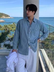 DAZY 夏季純色藍色水洗磨損男士牛仔夾克 - 藍色 - 查看 7
