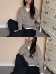 DAZY Women's Colorblock 2 In 1 Casual Vacation Autumn/Winter Pullover Knit Sweater - Khaki - View 1