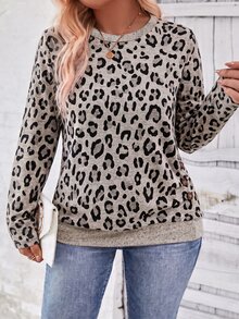 SHEIN LUNE Fashionable Retro Casual Basic Round Neck Side Button Design Apricot Base Leopard Print Plus Size T-Shirt - Multicolor - View 1