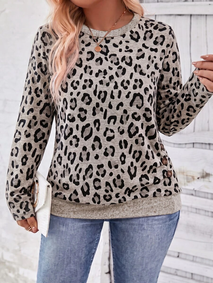 SHEIN LUNE Fashionable Retro Casual Basic Round Neck Side Button Design Apricot Base Leopard Print Plus Size T-Shirt - Multicolor - View 1