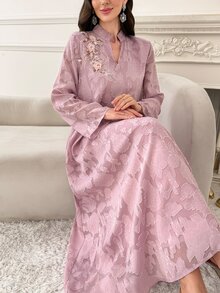 Al Najma Women's Exquisite Cut-Out 3D Floral Decor Sequin Arabian Dress - Brown - View 6