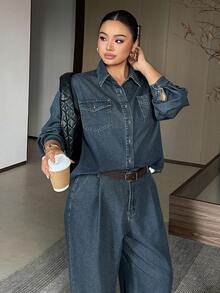 Dazy Plus Vintage Washed Distressed Pocket Long Sleeve Loose Denim Shirt And Casual Jeans 2 Pieces Set - Medium Wash - View 4