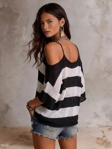 SHEIN Clasi Plus Size Vacation Fashion Striped Colorblock Cold Shoulder Knit Top - Black - View 2