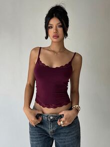 Aloruh 女款純色對比蕾絲修身時尚細肩帶背心 - 紫色 - 查看 6