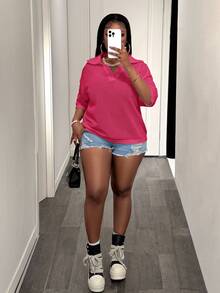 Slaydiva Plus Size Women Solid Color Lapel Collar Drop Shoulder Casual Knit Top - Watermelon Pink - View 7