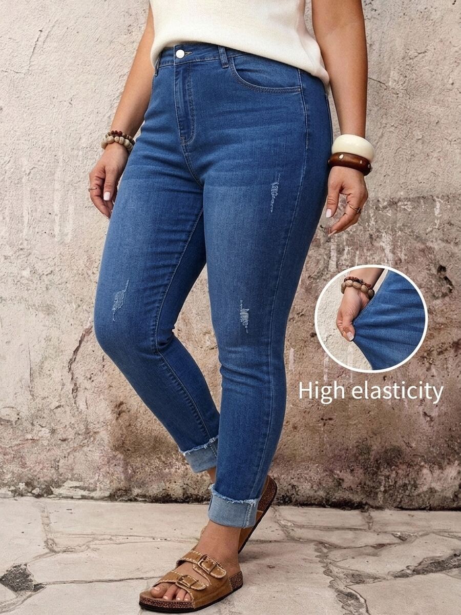 SHEIN ICON 大尺碼休閒水洗修身牛仔褲 - 中等水洗藍 - 查看 1