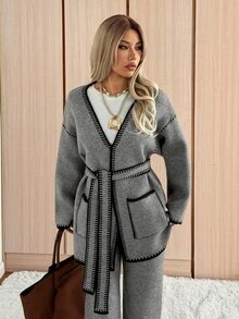 SHEIN EZwear Women's Fashion Long Sleeve Contrast Color Pocket Knit Cardigan - Grey - View 4