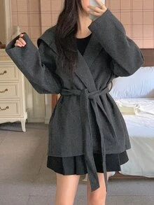 DAZY Women's Solid Color Loose Long Sleeve Hooded Belt Casual Vacation Korean Style Thickened Wool Jacket, Autumn/Winter - Grey - View 3
