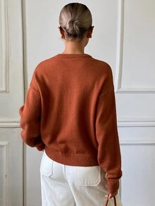 DAZY Women's Loose Round Neck Long Sleeve Casual Holiday Korean Style Autumn/Winter Letter Pattern Embroidered Knit Sweater - Red - View 6