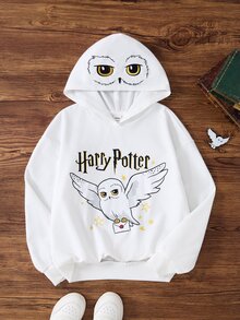 HARRY POTTER X SHEIN Tween Girl Cartoon Print Hooded Sweatshirt - White - View 1