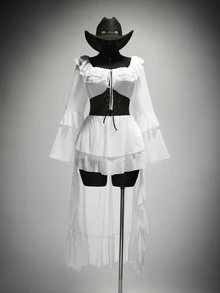 SHEIN ICON Gaun Ukuran Besar Warna Putih Hitam Kerah Persegi Depan Berkerut Pendek Belakang Panjang, Kostum Halloween Gaya Boho Gothic, Pesta Malam Gaya Kapten Istana Musim Gugur - Hitam dan Putih - View 2