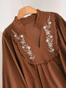 CosyJoli 女款大尺碼花卉刺繡缺口V領燈籠袖襯衫 休閒波西米亞復古風 工作度假 秋冬外出 感恩節穿搭 - 棕色 - 查看 4