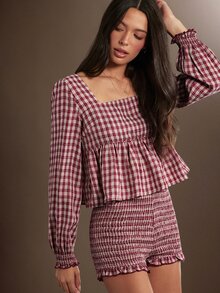 WESTFADE Gingham Plaid Long Sleeve Ruffle Babydoll Top & Smocked Bloomers Shorts Women Two Piece Matching Sets, Fall Winter 2026, Western, Cowgirl, Country - Multicolor - View 4