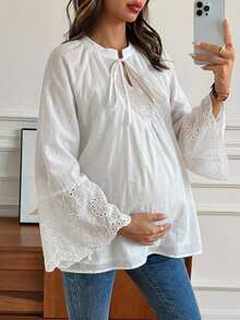 Dazy Maternity 拼接寬鬆套頭襯衫，綁帶蝴蝶結喇叭袖，休閒度假日常春秋上衣，孕婦襯衫 - 白色 - 查看 4