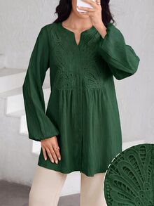 Graceveil Women's Elegant Embroidered Textured Button Vacation Shirt - Dark Green - View 4
