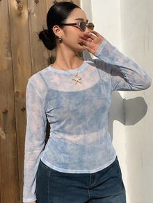 Dazy Plus Tie-Dye Mesh Layered Korean Style T-Shirt - Blue - View 1