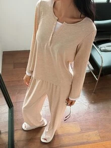 DAZY Women's 2 Pieces Faux Layered Long Sleeve Top And Pants Casual Daily Loungewear Set - Apricot - View 3