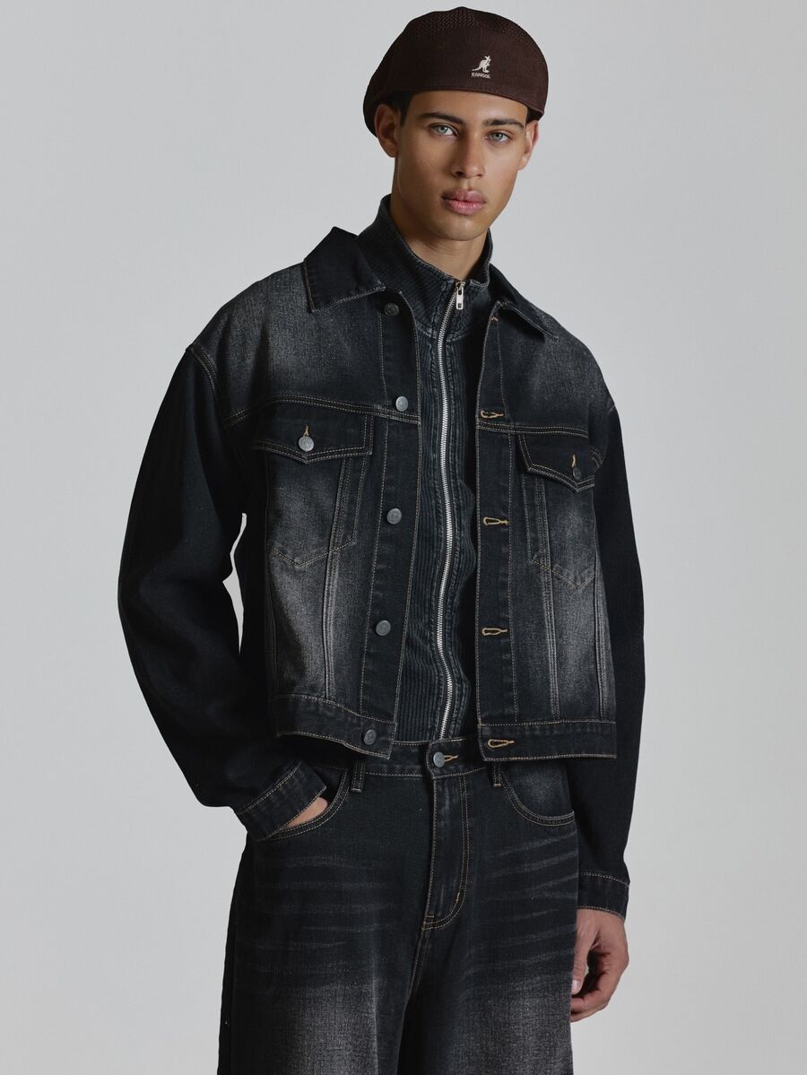 Musero Oversized Drop Shoulder Back Pleat And Rivet Denim Jacket Chest Pockets With Flaps And Press Studs Co Ord Jacket Only Autum Winter Essentials - Black - View 1