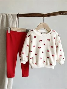 SHEIN Baby Girl Knitted Plush Pattern Crew Neck Casual Sweatshirt And Long Autumn Pants 2-Piece Set Red Christmas Cute Warm Winter Fluffy Comfy Soft - Multicolor - View 3
