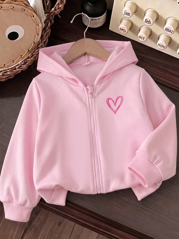 Baby Girls Heart Graphic Zipper Hooded Sweatshirt, Cute Pure Pink Long Sleeve Hooded Sweatshirt Dress