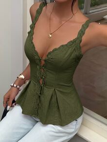 Aloruh Women's Elegant Casual Commute Top Lace Trim Patchwork Solid Color Sleeveless Blouse Summer - Army Green - View 5