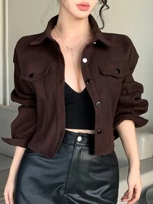 DAZY Women's Deep Brown Wool Blend Short Jacket, Loose Casual Streetwear Commuter Style With Turn-Down Collar And Large Pockets, Autumn/Winter - Brown - View 1