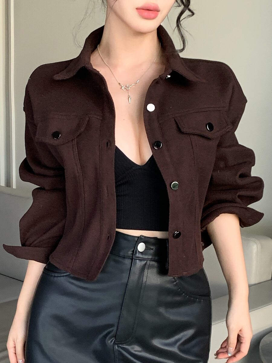 DAZY Women's Deep Brown Wool Blend Short Jacket, Loose Casual Streetwear Commuter Style With Turn-Down Collar And Large Pockets, Autumn/Winter - Brown - View 1