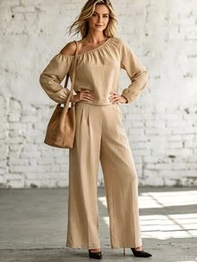 SHEIN Vintage Casual Camel Cold Shoulder Long Sleeve Set Women Cold Shoulder Cropped Top High-Waist Wide-Leg Long Pants 2 Pieces Set Vacation Autumn - Khaki - View 4