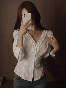DAZY 純色領口修身短袖白色女式襯衫 - 白色 - 查看 3