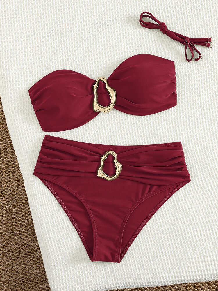 Swim Chiccia Set Bikini Wanita Kasual untuk Liburan Pantai Warna Burgundy dengan Tali Bahu Tipis yang Dapat Dilepas dan Pinggang Tinggi, Dilengkapi Dekorasi Logam - Burgundy - View 4